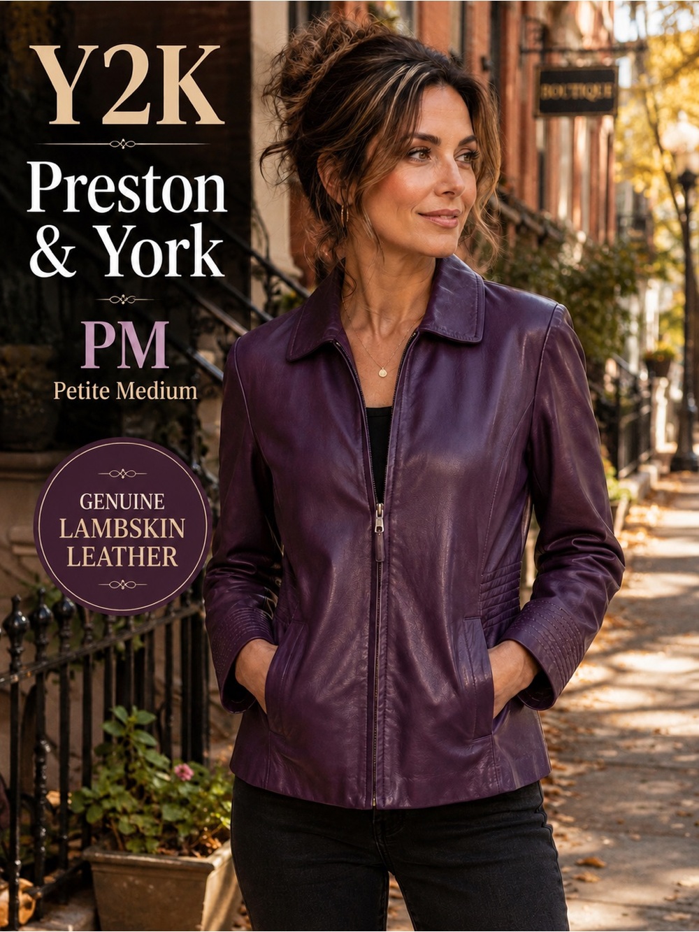 Vintage Y2K Preston & York Plum Purple Lambskin Leather Jacket PM
